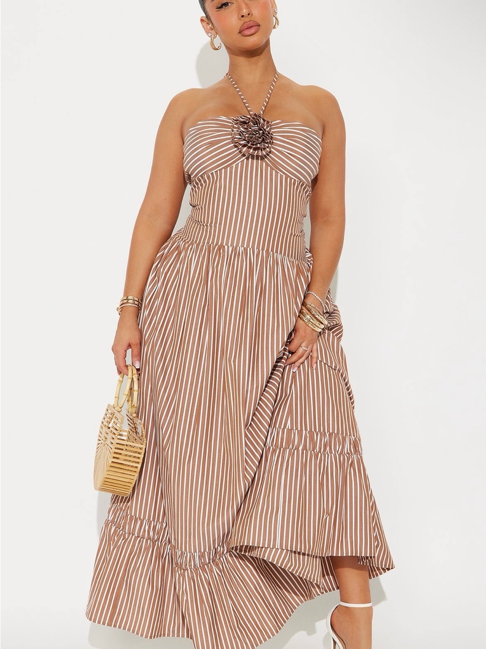 Fashion Nova Brown and White Striped Halter Dress
